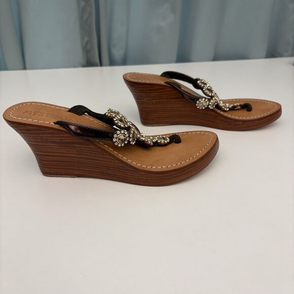 Wedge Thong Sandal Sz 8 Brown Leo Crystal Monique MobWives BarbieCorp‎ Embellish - Picture 3 of 7